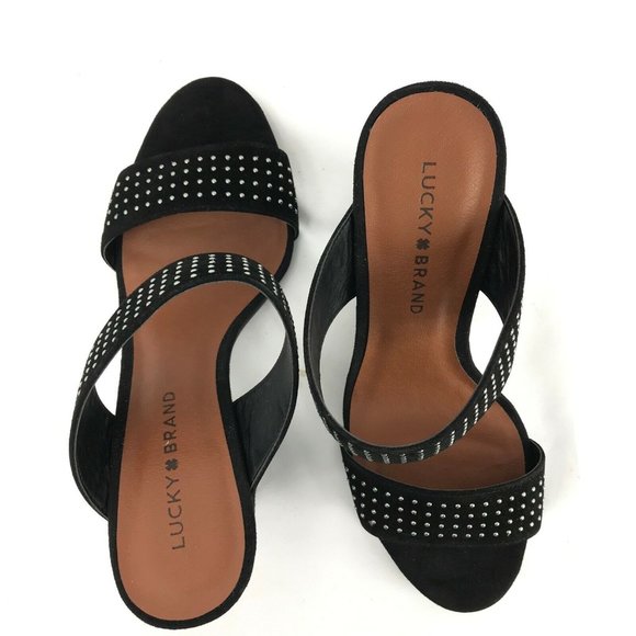 Lucky Brand Women Shoe Sandals Heels Studded Suede Black 9 Mkennah NEW - Picture 1 of 8